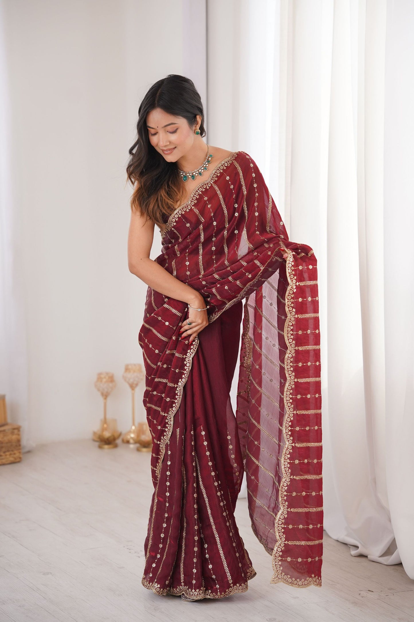 Maroon Organza Silk Saree Golden Zari Embroidery Designer Blouse