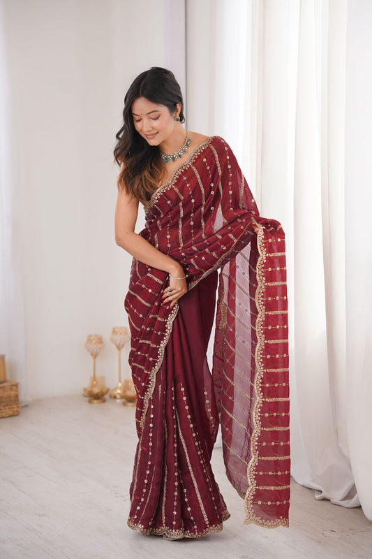 Maroon Organza Silk Saree Golden Zari Embroidery Designer Blouse