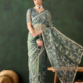 Sea Green Embroidered Net Saree with Designer Border Party Wear Saree