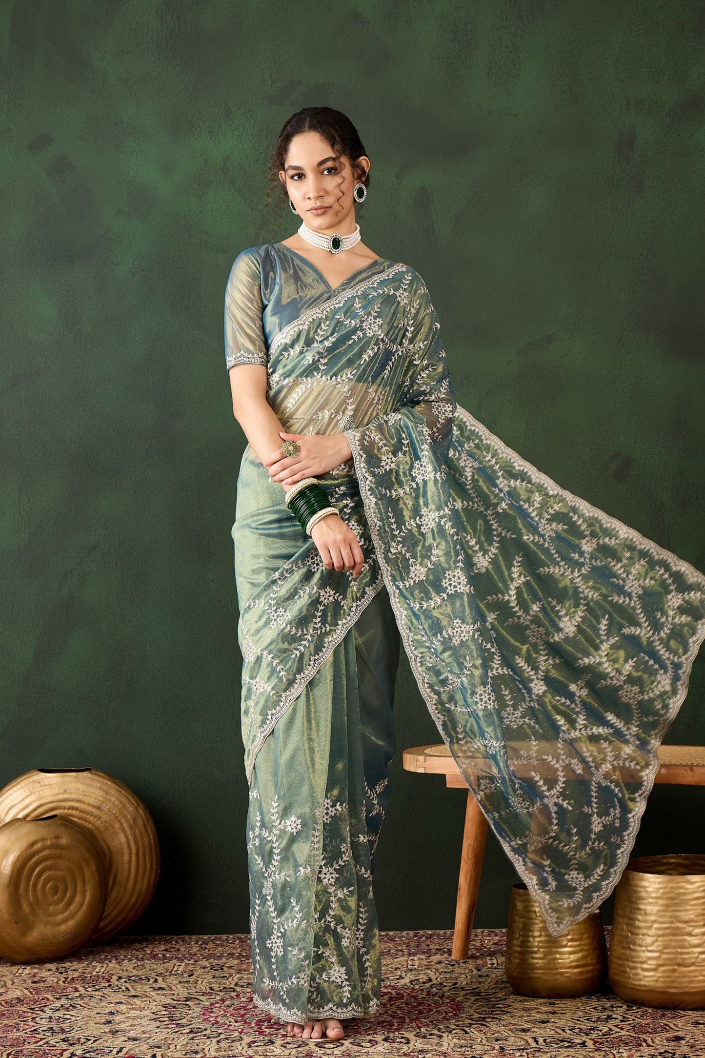 Sea Green Embroidered Net Saree with Designer Border Party Wear Saree