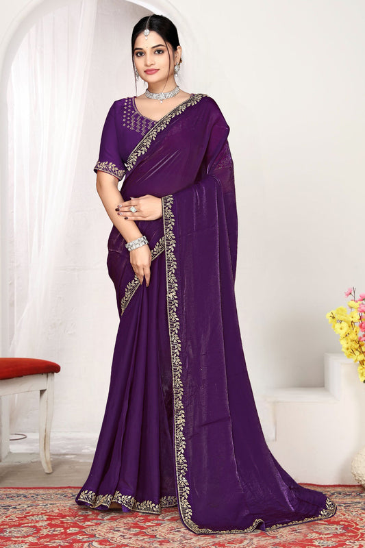  Deep Purple Silk Saree with Rich Golden Zari Border Designer Saree