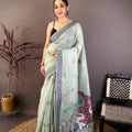  Sage Green Linen Cotton Saree Elephant Print Pallu 
