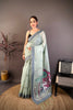  Sage Green Linen Cotton Saree Elephant Print Pallu 
