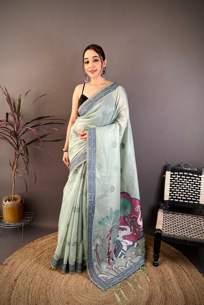  Sage Green Linen Cotton Saree Elephant Print Pallu 
