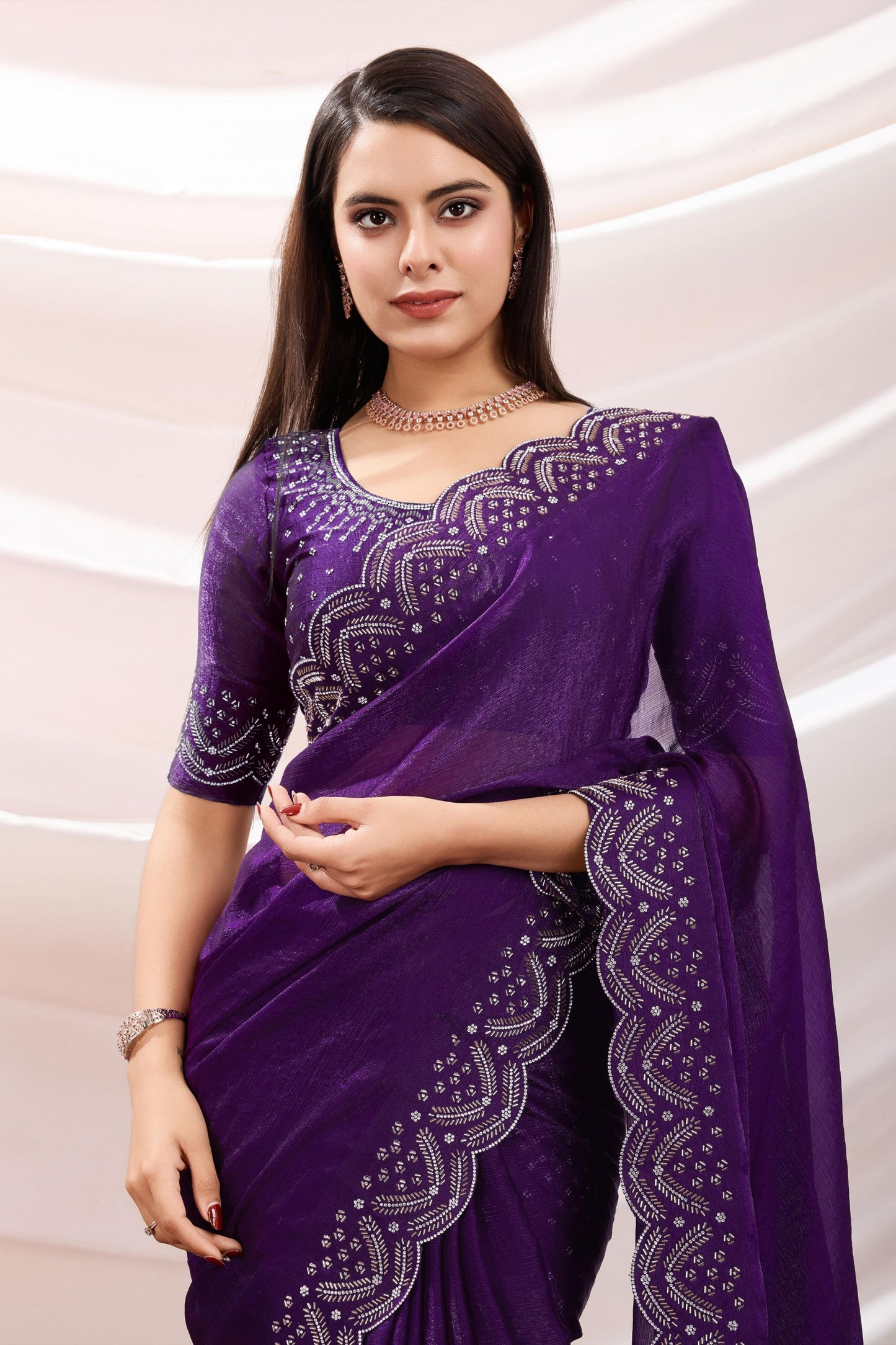Designer Purple Georgette Saree Heavy Embroidered Border Blouse