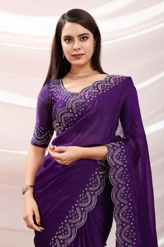 Designer Purple Georgette Saree Heavy Embroidered Border Blouse