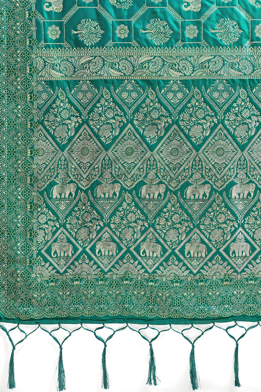 Green Banarasi Silk Saree with Rich Gold Zari Weaving Traditional Motifs