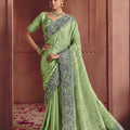 Premium Pista Green Silk Saree Heavy Embroidered Border Designer Blouse 