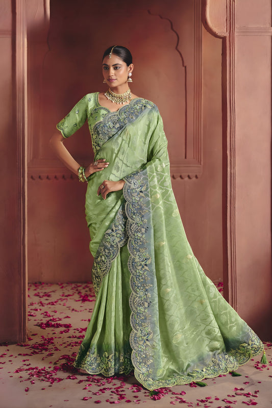 Premium Pista Green Silk Saree Heavy Embroidered Border Designer Blouse 