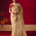 Beige Silk Embroidered Saree Zari Border Red Designer Blouse 