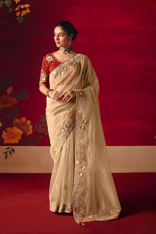 Beige Silk Embroidered Saree Zari Border Red Designer Blouse 