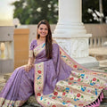 Lavender Purple Floral Woven Linen Silk Saree Designer Peacock Border