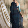 Navy Blue Striped Organza Saree with Designer Teal Printed Blouse