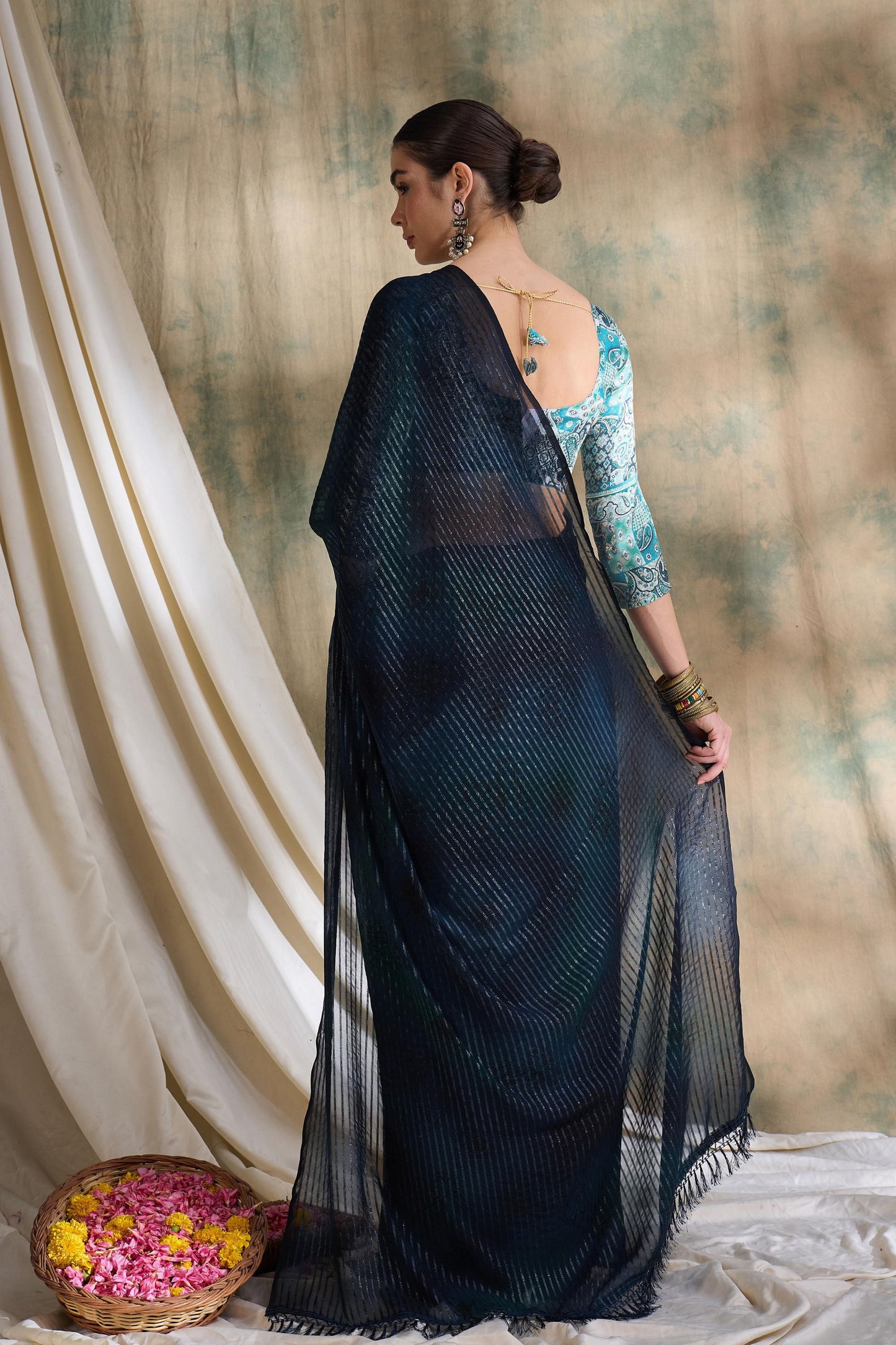 Navy Blue Striped Organza Saree with Designer Teal Printed Blouse