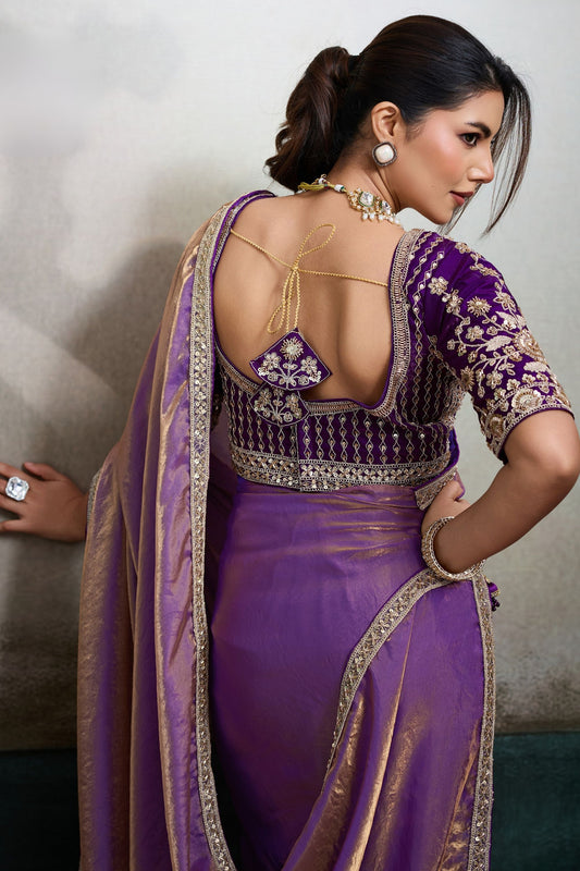 Luxury Purple Soft Silk Saree Heavy Embroidered Designer Blouse Zari Border