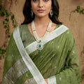 Olive Green Linen Saree with Silver Zari Border Lightweight Saree