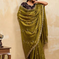 Olive Green Silk Saree with Silver Embroidery Designer Blouse 