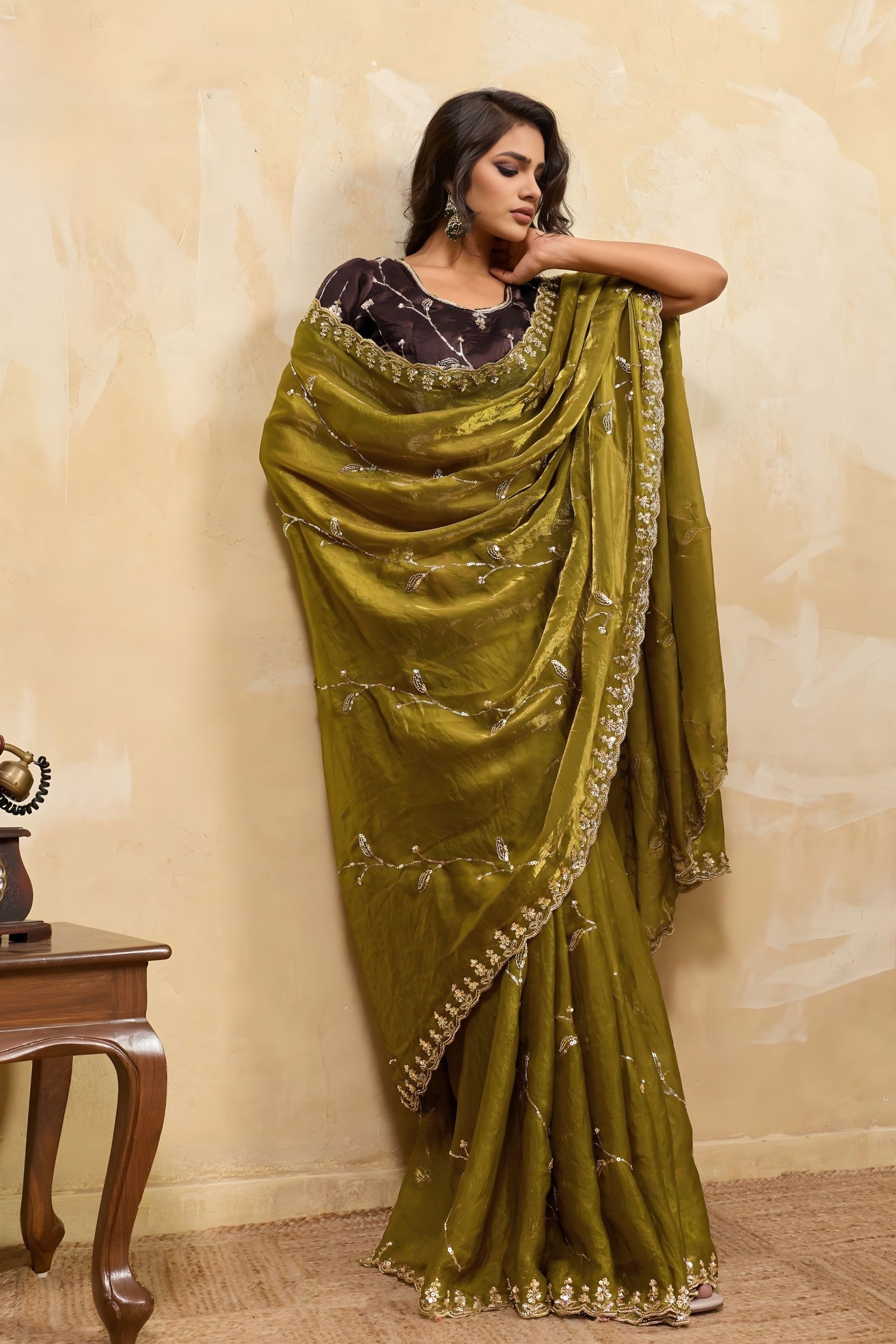 Olive Green Silk Saree with Silver Embroidery Designer Blouse 