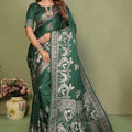 Bottle Green Banarasi Silk Saree Silver Zari Peacock Weaving Blouse Piece 
