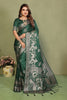 Bottle Green Banarasi Silk Saree Silver Zari Peacock Weaving Blouse Piece 