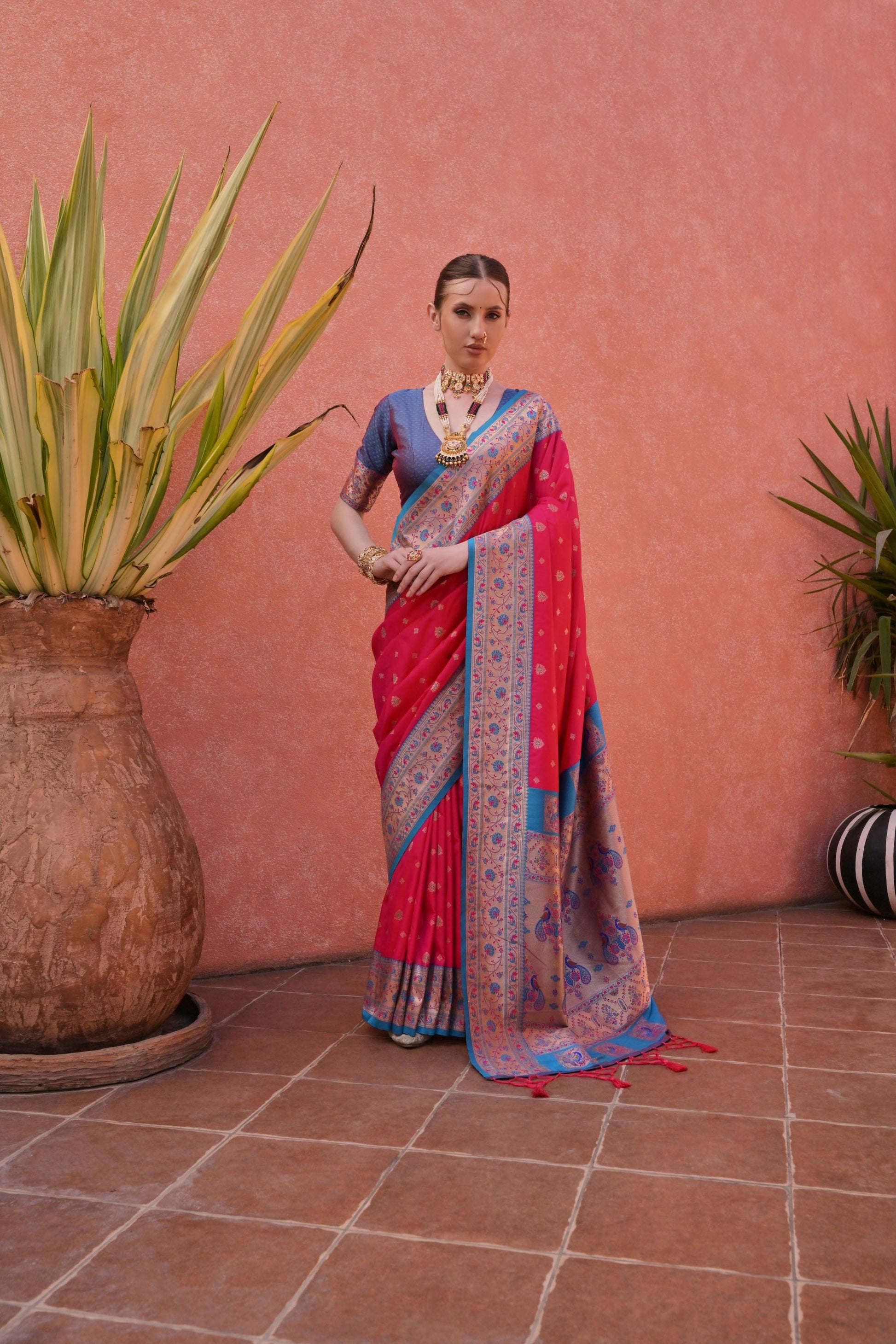 Pink And Blue Kanjivaram Silk Saree with Golden Zari Border Contrast Blouse