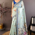 Elegant Mint Green Linen Cotton Saree Floral Print Pallu