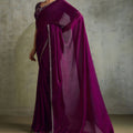 Wine Purple Chiffon Saree Minimal Zari Border Embroidered Blouse