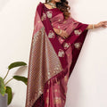 Maroon Rose Pink Banarasi Silk Saree Gold Zari Motifs Grand Woven Pallu