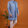 Luxury Sky Blue Indo Western Sherwani for Men With Designer Jacquard Jacket
