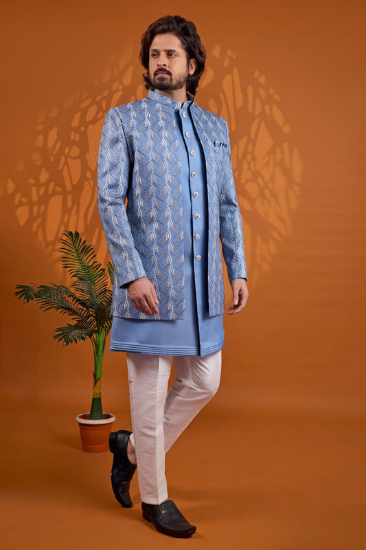 Luxury Sky Blue Indo Western Sherwani for Men With Designer Jacquard Jacket