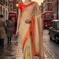 Cream Beige Cotton Saree with Red Woven Border Designer Blouse