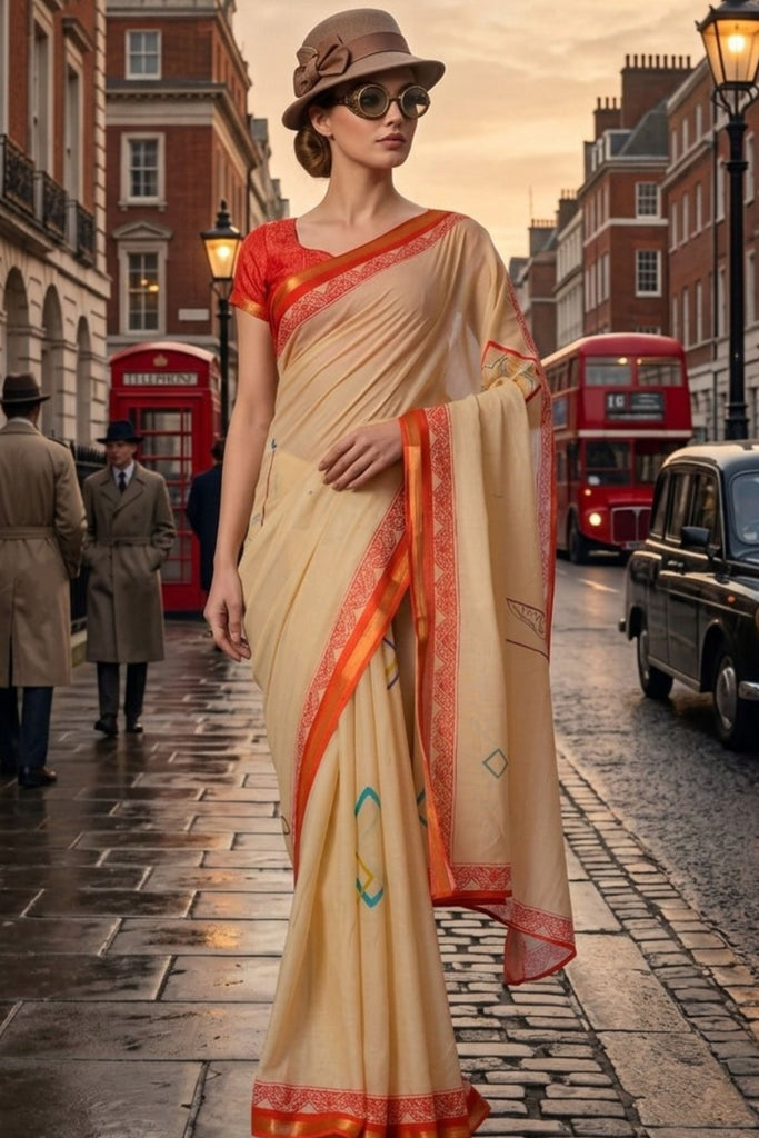 Cream Beige Cotton Saree with Red Woven Border Designer Blouse