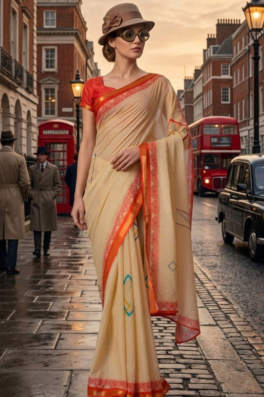 Cream Beige Cotton Saree with Red Woven Border Designer Blouse