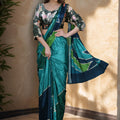 Teal Navy Blue Silk Saree with Contrast Floral Blouse Party Wear
