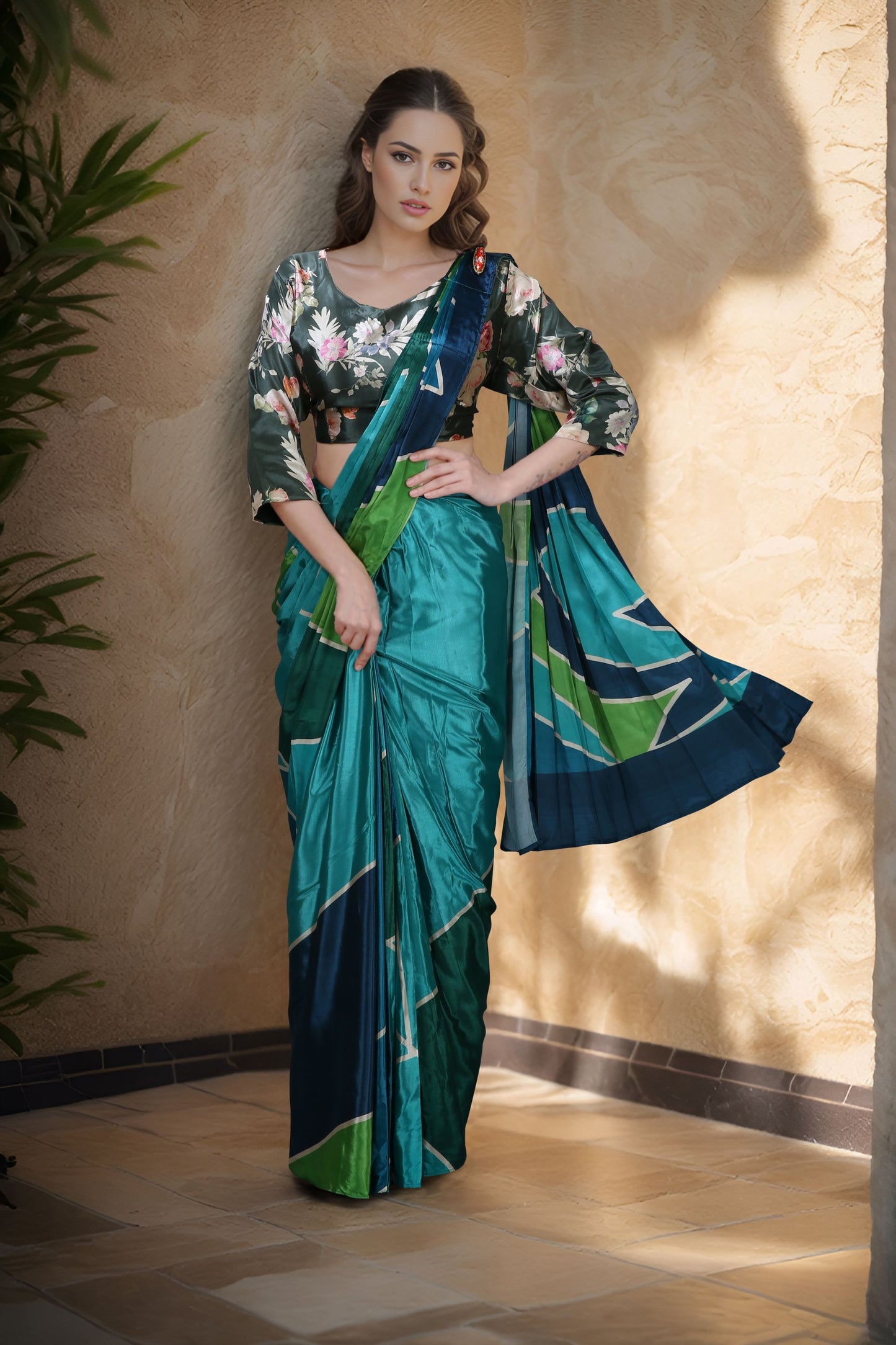 Teal Navy Blue Silk Saree with Contrast Floral Blouse Party Wear