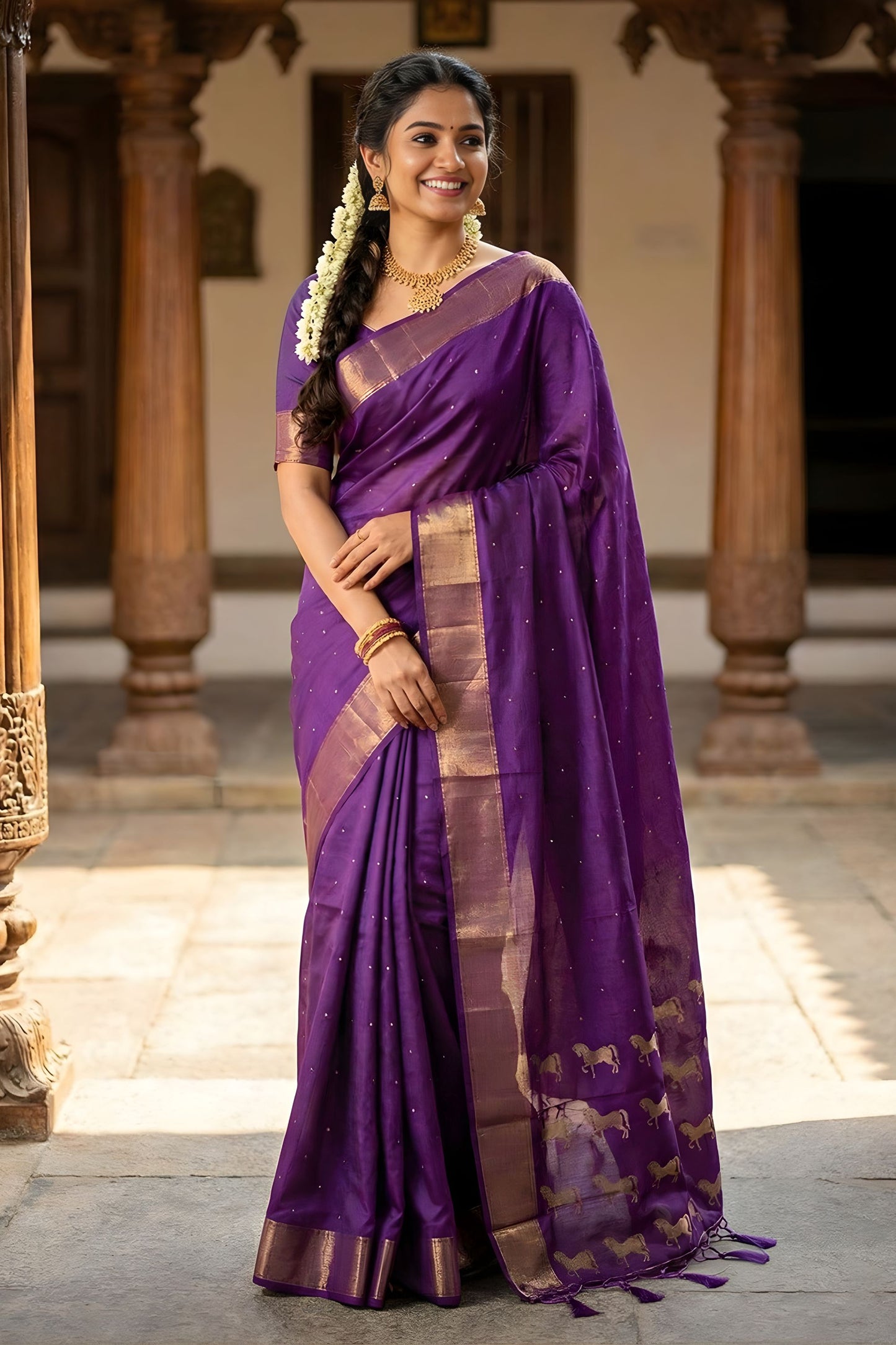 Royal Purple Kanjivaram Silk Saree Gold Zari Border Traditional Motif Pallu