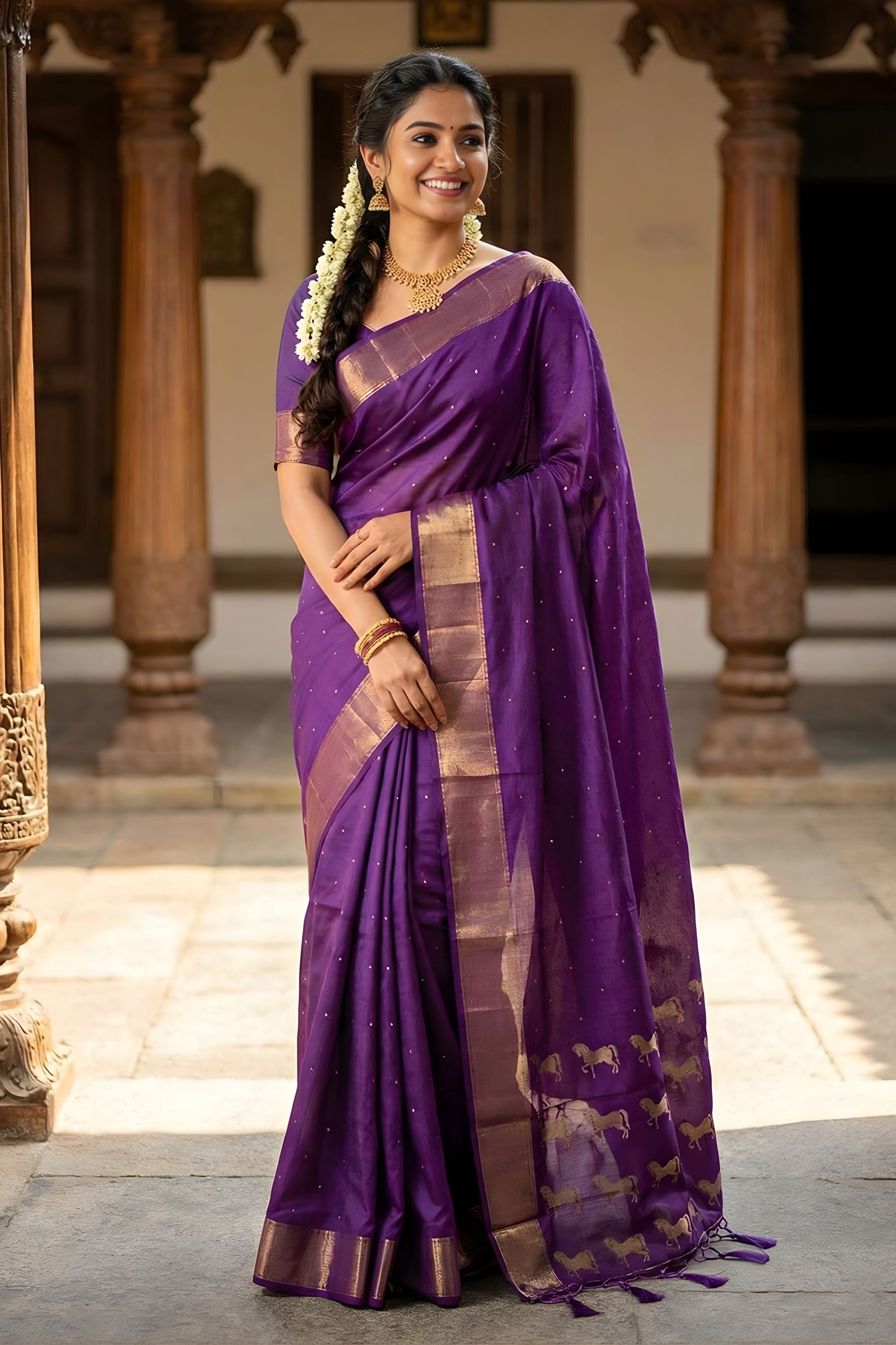 Royal Purple Kanjivaram Silk Saree Gold Zari Border Traditional Motif Pallu