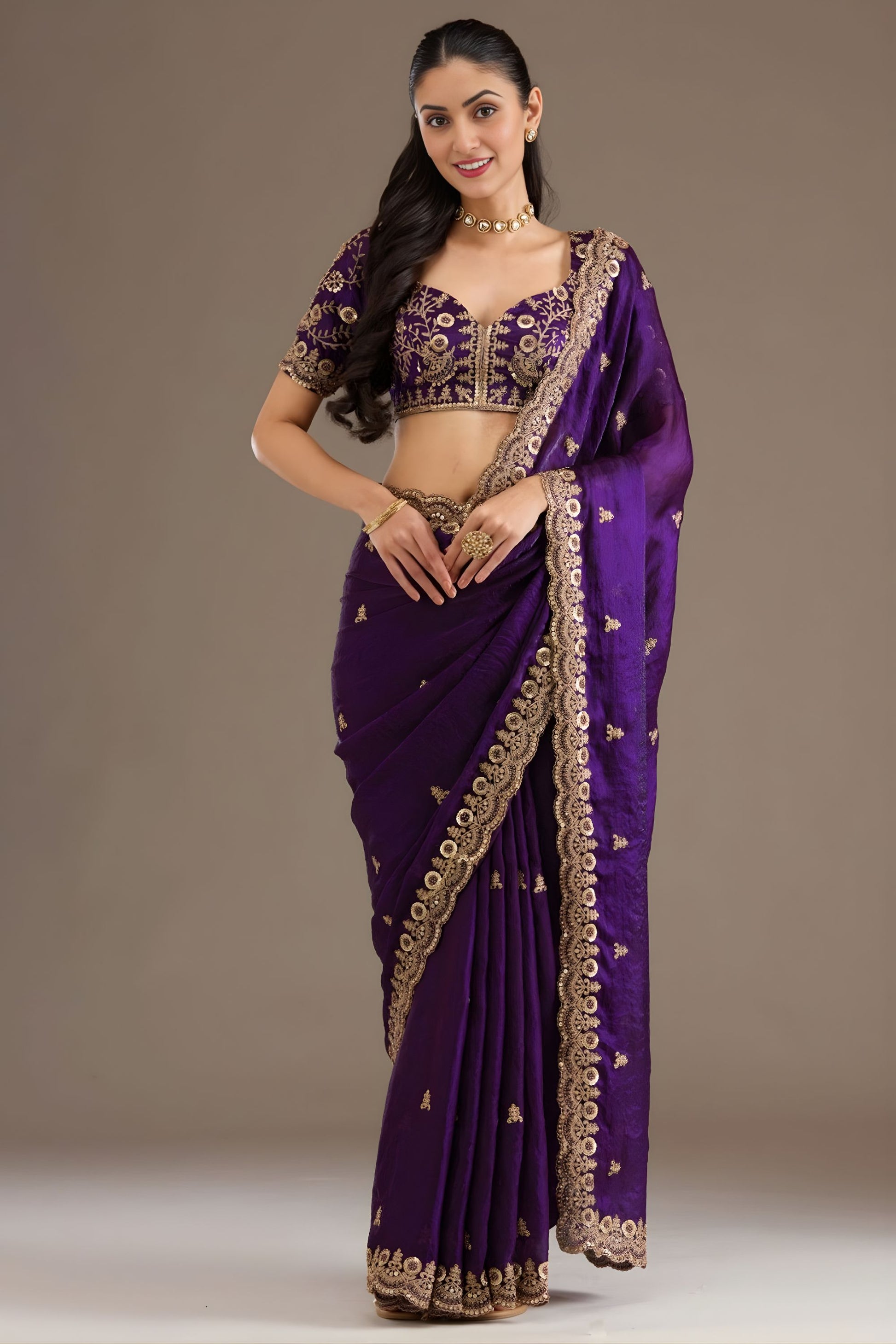 Deep Purple Silk Saree Heavy Zari Embroidered Border Designer Blouse 