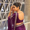 Wine Purple Organza Silk Saree Sequins Embroidered Border Designer Blouse