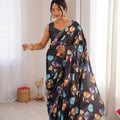Black Floral Digital Printed Linen Saree with Designer Lace Border