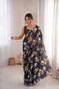 Black Floral Digital Printed Linen Saree with Designer Lace Border