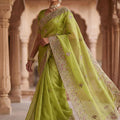 Pista Green Organza Silk Saree Heavy Embroidery Designer Border