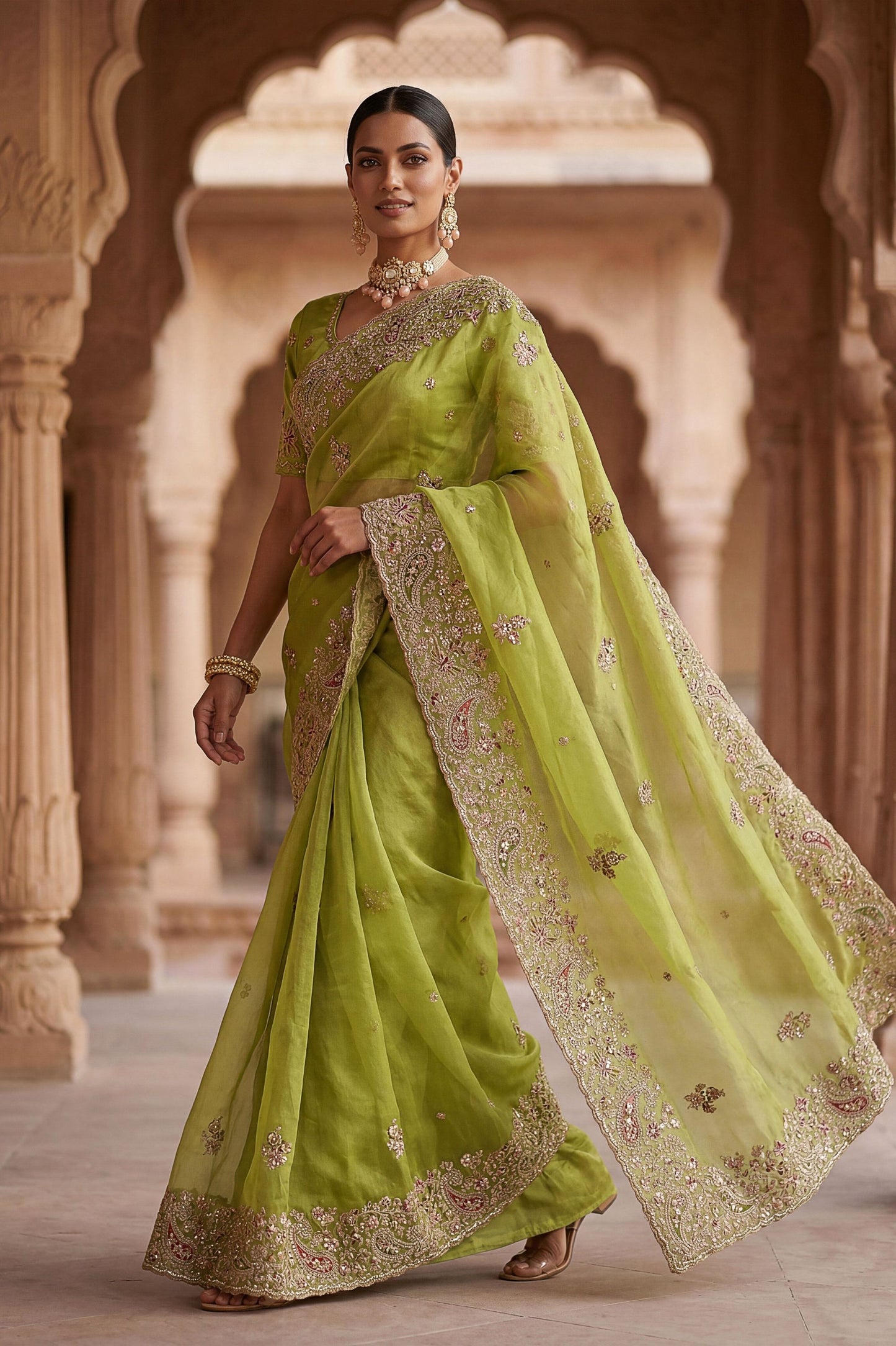 Pista Green Organza Silk Saree Heavy Embroidery Designer Border