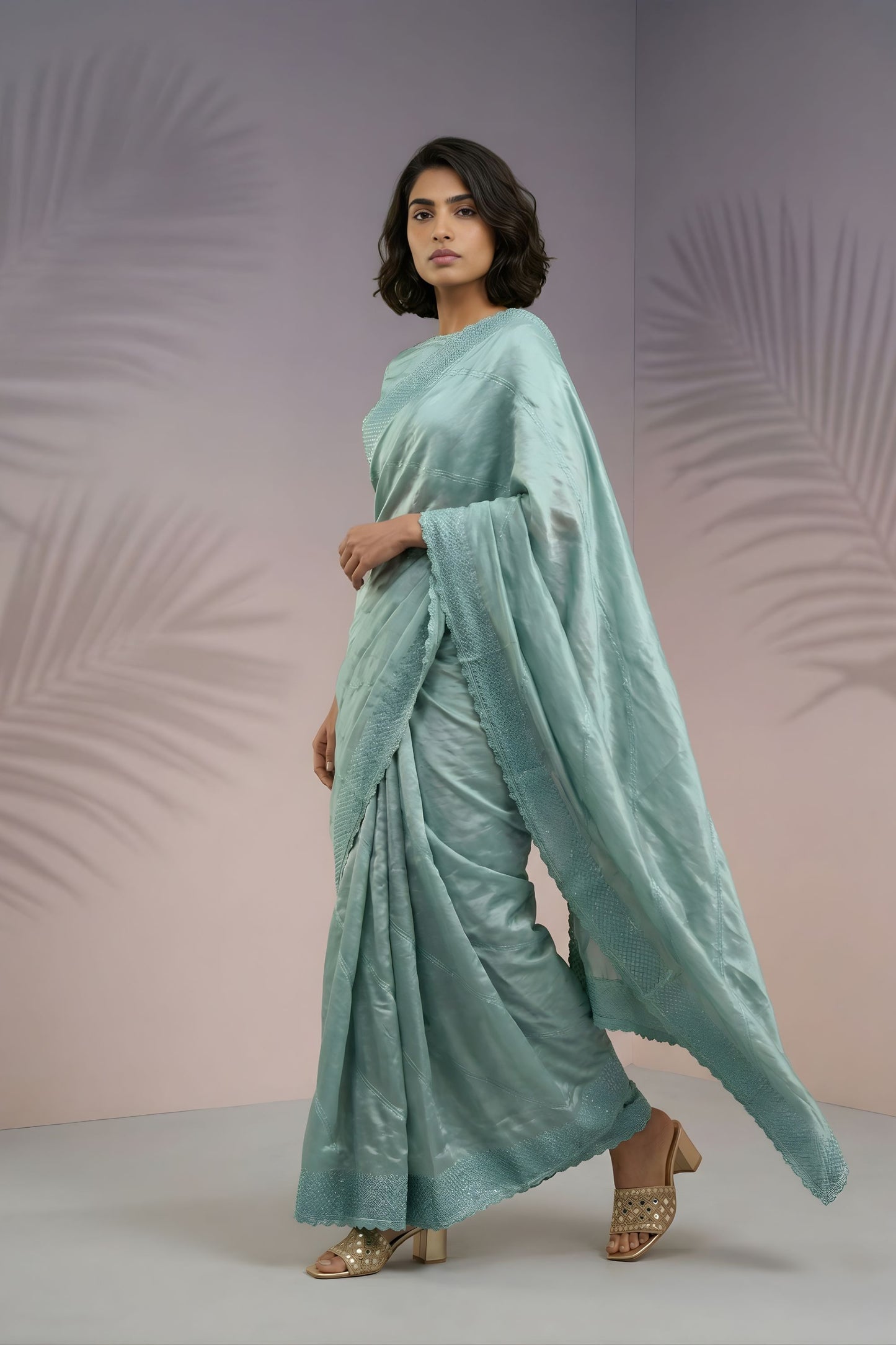 Sea Green Silk Saree with Embroidered Border Designer Blouse