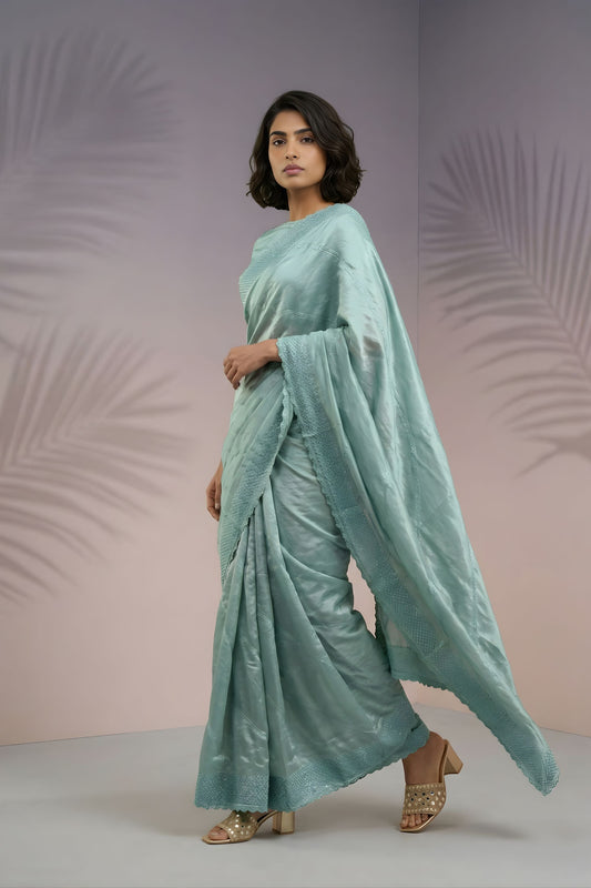 Sea Green Silk Saree with Embroidered Border Designer Blouse