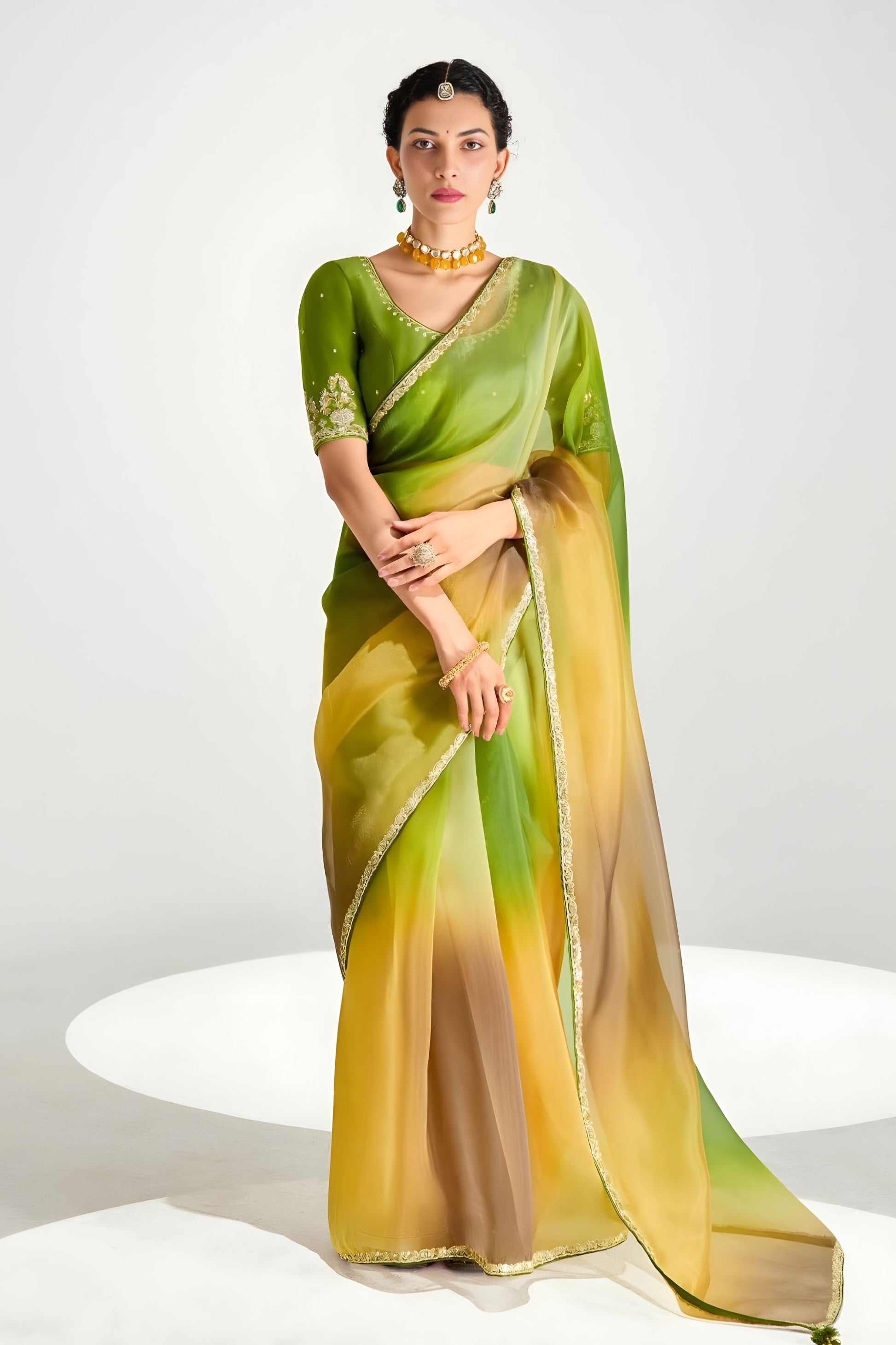 Elegant Green Yellow Ombre Organza Saree with Designer Blouse