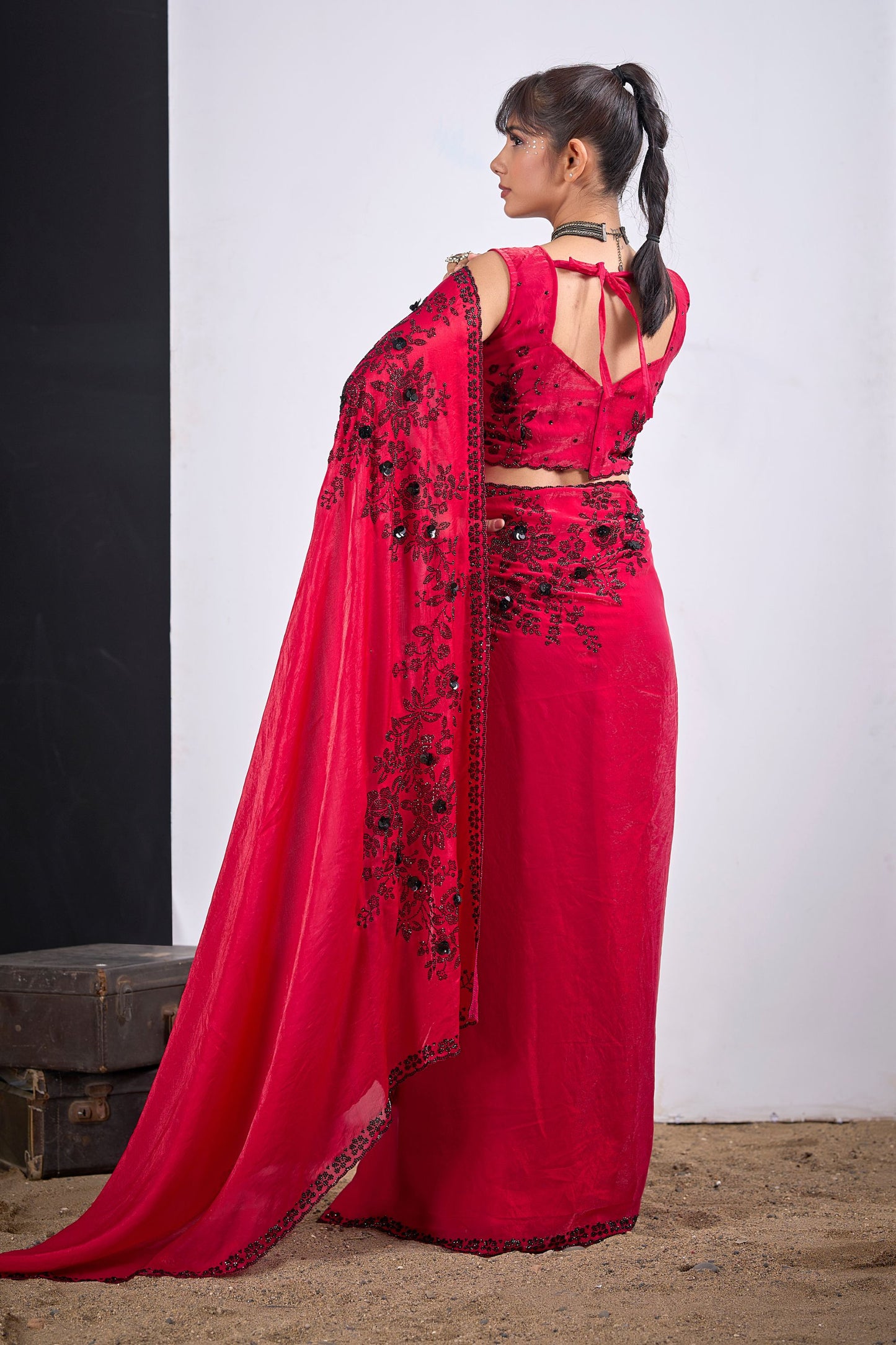 Red Organza Saree with Black Floral Embroidery Designer Saree