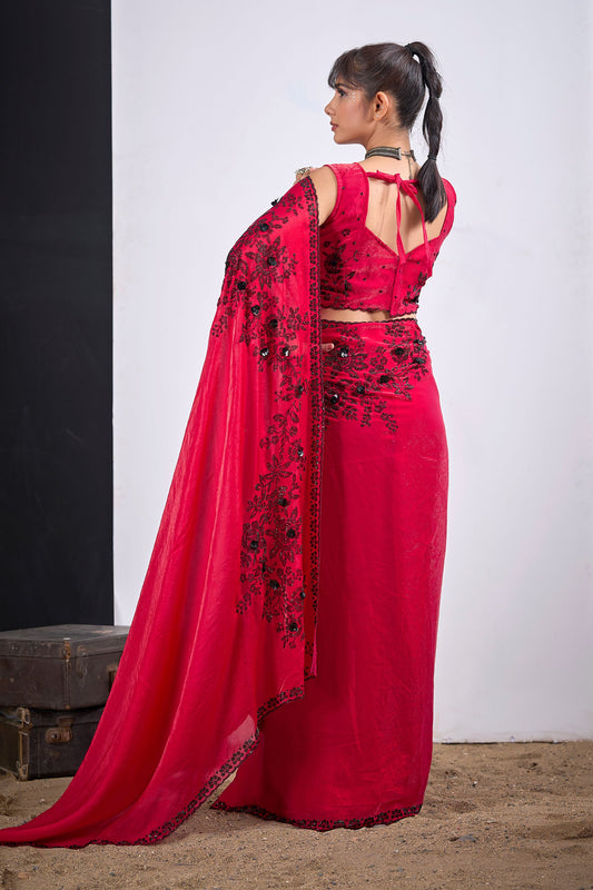 Red Organza Saree with Black Floral Embroidery Designer Saree