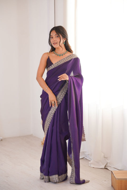 Royal Purple Organza Saree with Designer Embroidered Border 