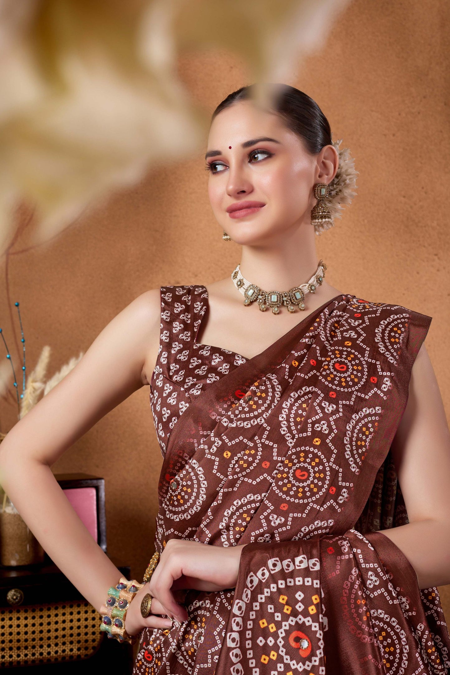 Brown Bandhani Print Saree with Ethnic Motifs Designer Saree